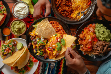 Top view of a group of people eating Mexican tacos on the table