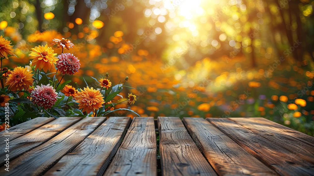 Poster A rustic wooden table adorned with a variety of colorful flowers, creating a harmonious and serene atmosphere