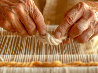 Artisan hands weaving wool on wooden loom. Traditional textile craftsmanship.