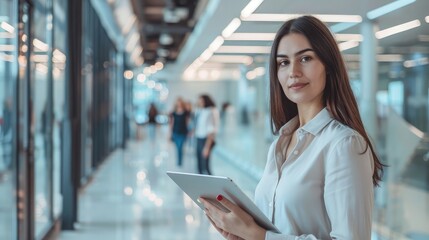 Business woman, tablet and portrait of a digital developer professional with team ready for work. Tech employee, company vision and web job of a female ready for information technology project