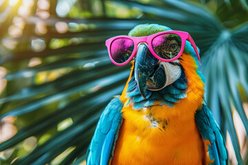 A colorful parrot with vibrant feathers perched with sunglasses resting on its head, adding a touch of humor and style to its already striking appearance