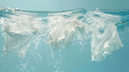 Fotobehang Underwater view of floating clothes with bubbles and wet splashes on a pastel blue background for Commercial advertisement for a washing machine or detergent liquid, Generative AI © saltdium
