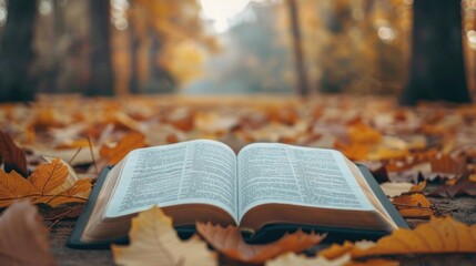 Naklejka na ściany i meble Daily Bible verse , old book with autumn leaves
