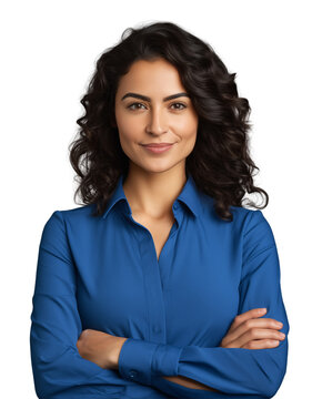 Happy young smiling confident professional business woman wearing shirt, pretty stylish female executive looking at camera, standing arms crossed isolated transparent or white background