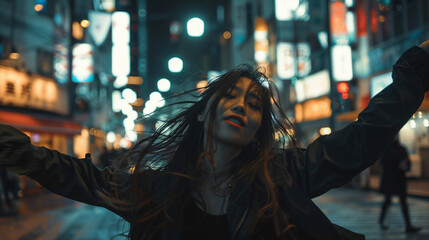 Woman dancing on the street. 