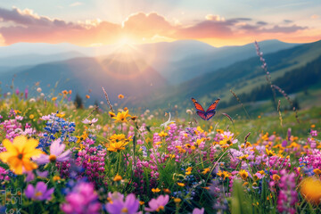 A vibrant field blooms with colorful flowers as a delicate butterfly gracefully flutters overhead on a sunny day