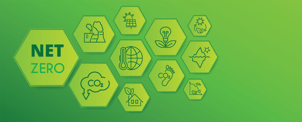 Zero emission by 2050 and carbon neutral concept. Hexagon banner on green background. Vector illustration. The goal is to reduce CO2 emissions and greenhouse gases.