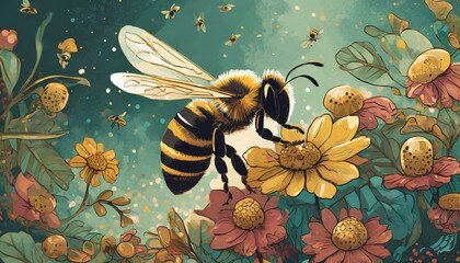 bee and flower - obrazy, fototapety, plakaty