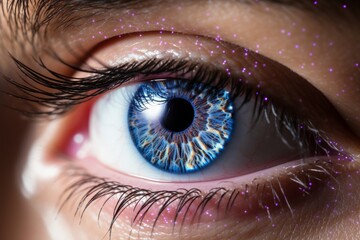Close up of human eye with laser beams and digital network, laser vision correction procedure - obrazy, fototapety, plakaty