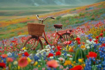 Zelfklevend Fotobehang A vintage bicycle with an enchanting wicker basket, gracefully navigating through a sea of wildflowers in full bloom, the handlebars adorned with delicate petals. © Muhammad