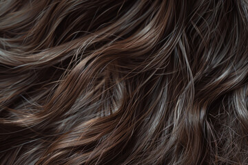 A close up capturing the intricate details of dark brown hair, cascading in soft waves with hints...