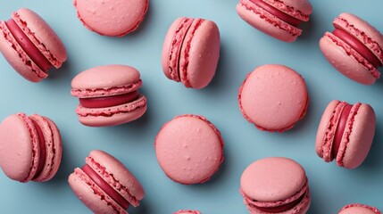 Close-up image, Pattern of pink color macaroons on a pastel blue background, Generative AI