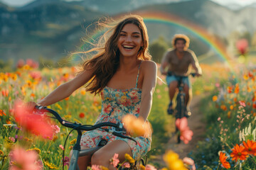 A man and a woman joyfully ride bicycles through a field filled with colorful flowers under a bright blue sky