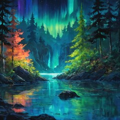 Fototapeta premium Enchanting Northern Lights Over Serene Forest Lake at Twilight 