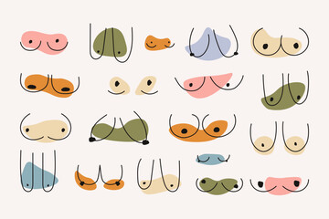 Abstract female breast signs. Outline feminist women boobs minimalist doodle style, cartoon body parts with organic shapes. Vector isolated set