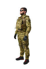 Full length portrait of man soldier wearing ammunition on white background