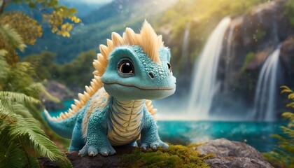 Little cute dragon at the waterfall
