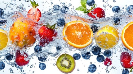 Commercial advertisement for Fruit juice or fruit-flavored soda water, floating various fruits underwater with bubbles and wet splashes, Generative AI