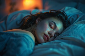 Woman snoozes soundly, cocooned in warmth and tranquility, the room bathed in serene blue hues, inviting a restful slumber. - obrazy, fototapety, plakaty