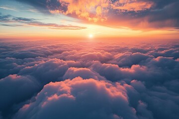 Amazing panoramic aerial view of sunset sky. Beautiful clouds and colors at dusk - obrazy, fototapety, plakaty