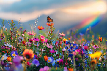 A vibrant field filled with colorful flowers blooms under the warm sun, as a delicate butterfly flutters gracefully among them