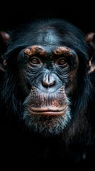 a chimpanzee close-up portrait looking direct in camera with low-light, black backdrop. Close-up of a chimpanzee's face, intense gaze, dark background.