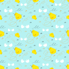 Seamless vector pattern with cute chick and broken egg. Print for children textile, pack, fabric, wallpaper, wrapping.