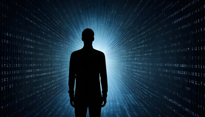 Futuristic banner, silhouette of a man in a blue color background with a backdrop of digital binary cording and backlit effect, bright light to highlight the shape of person  