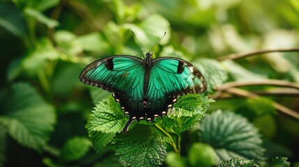Emerald Swallow tail butterfly sitting on leaf.