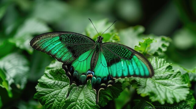 Emerald Swallow tail butterfly sitting on leaf.