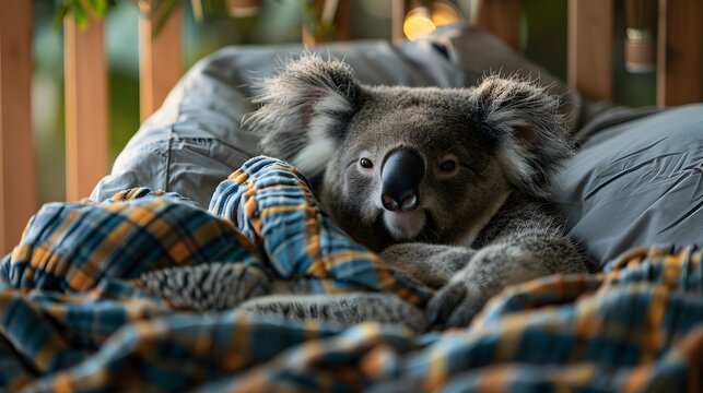 Koala Taking a Nap on a Cozy Bed, To provide a high-quality and detailed image of a koala bear in a peaceful and tranquil state, suitable for use in