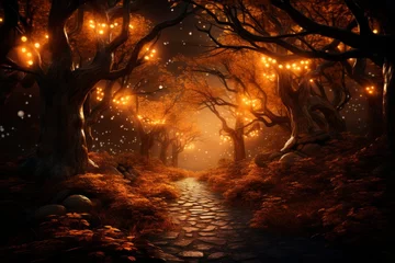 Tuinposter Enchanted forest at night with glowing lights, mystical and magical fantasy landscape in darkness © Aliaksandra