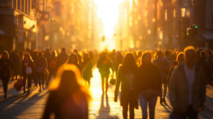 Crowds of people walking in the middle of the city at sunset - obrazy, fototapety, plakaty