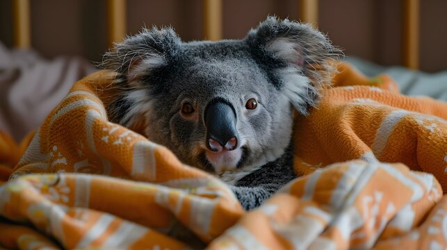 Cute Koala Cuddled in Orange Blanket, To convey a sense of comfort, warmth, and affection through the image of a cute koala in a cozy blanket,