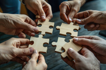 Group of young people holding parts of jigsaw puzzle. Teamwork concept - obrazy, fototapety, plakaty