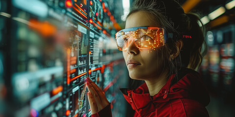 Female Engineer use augmented mixed virtual reality integrate artificial intelligence - obrazy, fototapety, plakaty