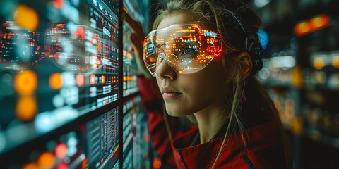 A woman interacts with a futuristic augmented reality interface using high-tech AR glasses in a dimly lit environment.