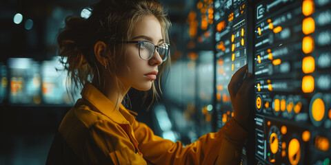 Female Engineer use augmented mixed virtual reality integrate artificial intelligence - 752307357