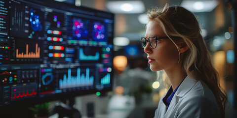 Engineer or scientist analyzing stream of data. A researcher or scientist analyzing data charts.