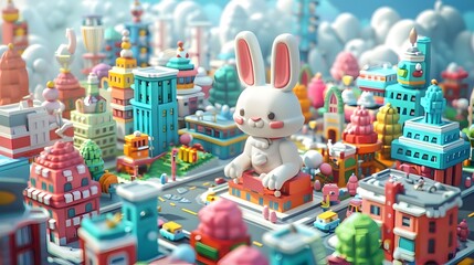 3D Bunny in Vibrant Cityscape, To evoke feelings of joy, playfulness, and creativity, and to appeal to audiences interested in contemporary art,
