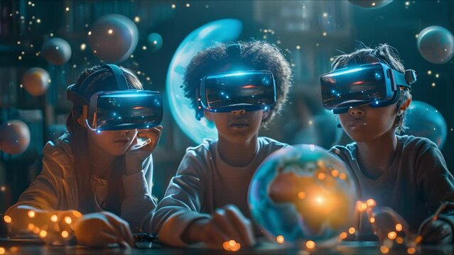 Group of students studying planet with VR glasses. Future virtual reality headset for learning. 4k video footage