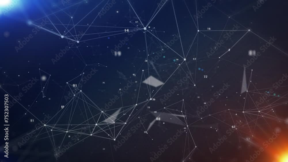 Poster Technology digital line corner structure cyber data network connection concept. Abstract geometric, triangle shape moving with number particle floating in blue 4K motion background.