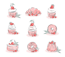 Different desserts, pastry dishes, ingredients for baking items, donuts. Vector illustration for menu, recipe book, baking shop, cafe.