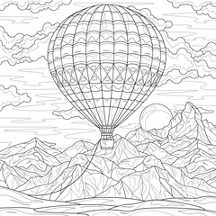 Hot air balloon in the sky above the mountains.Coloring book antistress for children and adults.