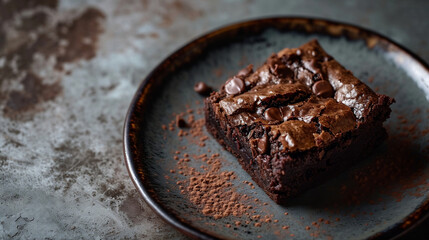 Single Brownie Chocolate Cake Piece on a Plate