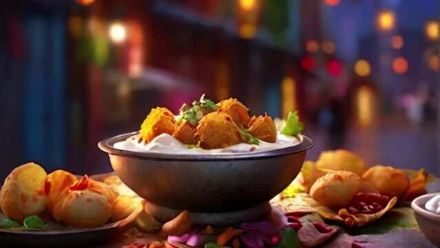 Chaat street-food magic with vibrant colors, crispy puris, spiced potatoes, tamarind chutney, and yogurt.