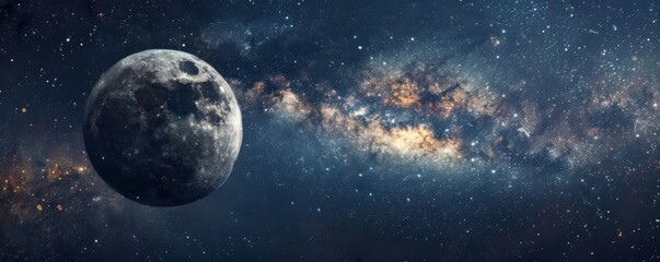 View of the moon in the night sky with the milky way in the background.