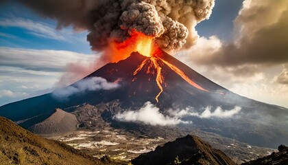 A volcano giant eruption, lava flowing out, natural disaster