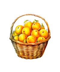 Watercolor illustration of a wicker basket with yellow apples isolated on white background.