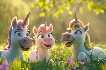 A heartwarming scene capturing cartoon unicorn characters gathered in a sunlit meadow sharing laughter and joy as they engage in playful activities radiating the pure essence of children's friendship.